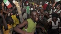 Nigerians celebrate over the declaration of Dayrius Ishaku as the winner of the governorship election in Jalingo, Taraba state, Nigeria, 13 April 2015