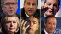 Clockwise from top left: Jeb Bush, Chris Christie, Ted Cruz, Martin O'Malley, Rand Paul, Hillary Clinton