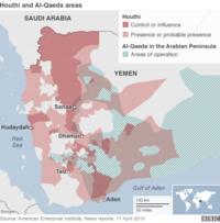 Map showing Houthi and al-Qaeda areas in Yemen (22 April 2015)