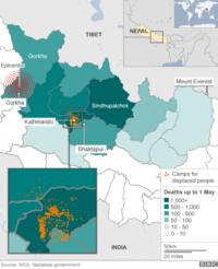 Map of Nepal showing areas affected by earthquake