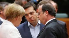 Angela Merkel, Alexis Tsipras and Francois Hollande in Brussels on 12 July 2015
