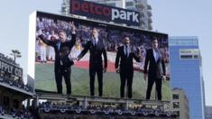 The Tenors perform the Canadian National Anthem prior to the MLB baseball All-Star Game in San Diego.