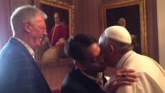 A screenshot from a video of the 23 September visit shows Pope Francis greeting the gay people