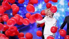 Democratic presidential nominee Hillary Clinton celebrates among balloons after she accepted the nomination on the fourth and final night at the Democratic National Convention