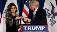 Sarah Palin and Donald Trump shake hands as she endorses him as Republican presidential candidate