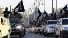 Militant Islamist fighters on parade in northern Raqqa province on 30 June 2014