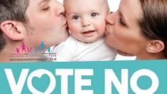 "no" poster featuring parents kissing baby