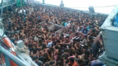 Migrants aboard a boat picked up by Myanmar on 29 may 2015, in an image published on Myanmar's Ministry of Information Facebook page