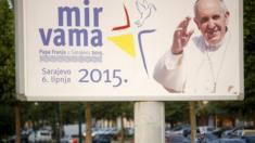 A billboard with an image of Pope Francis in Sarajevo, Bosnia on 4 June, 2015.