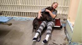 Inmate Kristina Hazelett juega con un perro en la celda de una cárcel
