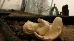 Ángel de yeso en paisaje quemado.