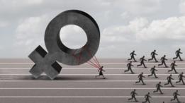 Ilustración del símbolo de las mujeres siendo jalado por una mujer que lo lleva a modo de cruz antecedida de varios hombres.
