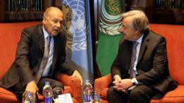 الأمين العام للجامعة العربية أحمد أبو الغيط خلال لقائه الأمين العام للأمم المتحدة أنطونيو غوتيريش في القاهرة يوم 16 فبراير 2017