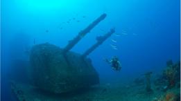 Buzo nada al lado de un buque de guerra hundido