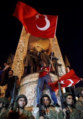 Turkish soldiers guard at the Taksim Square in Istanbul