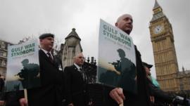 Gulf War veterans march past the Houses of Parliament during a protest to mark the 20th anniversary of the end of the Gulf War on February 28, 2011 in London, England