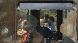 A shattered bus window after an attack in Jerusalem