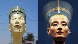 On the right: the famous bust of Nefertiti in the Neues museum in Berlin. On the left: the replica that sparked an outcry in Egypt. Facebook user Wael Saad commented: 'This is how Egyptian art has evolved over the years'