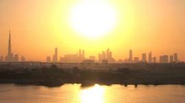 Dubai skyline at sunset