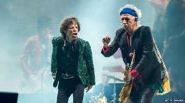 Sir Mick Jagger and Keith Richards of The Rolling Stones perform on the Pyramid Stage