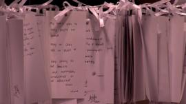 Notes at a makeshift memorial for MH17 victims in a Malaysian shopping mall
