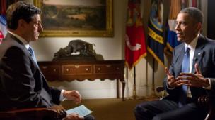 President Barack Obama participates in an interview with Jon Sopel of BBC in the Roosevelt Room of the White House - 23 July 2015