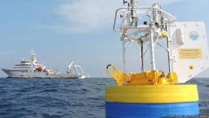 The buoy contains sensors that measure the salinity and temperature of the sea
