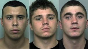 Image caption Owain Turner, Liam Price and Niall Price were jailed for a total of 14 years - _59513542_party_attack_wns_gpolice