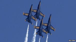 US Navy Blue Angels fly in formation at the Andrews Air Show, Maryland 19 May 2012