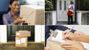 (clockwise) Woman being handed a package; postman standing outside a front door; person signing for a package; parcel waiting outside a front door