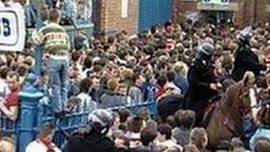 Liverpool fans outside Hillsborough stadium, 1989