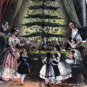 The Royal Christmas Tree is admired by Victoria, Albert and their children - 1848
