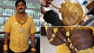 Composite image showing Datta Phuge wearing his gold shirt, a gold handbag and a close-up photograph of Phuge's hands, bearing several rings
