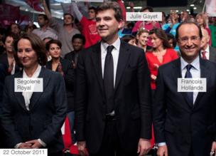 Francois Hollande and Segolene Royal at a French Socialist meeting, with Julie Gayet in the background, 22 October 2011