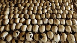 A file photo taken on 27 February 2004 shows skulls of victims of the Ntarama massacre during the 1994 genocide, lined at a memorial site in Rwanda