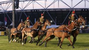 The King"s Troop Royal Horse Artillery perform a musical ride during the opening ceremony of the Invictus Games at Olympic Park in London September