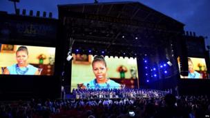 shows US First Lady Michelle Obama delivering a video message to the Invictus Games Opening Ceremony in London, Britain, 10 September