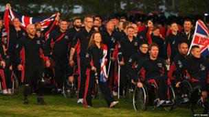 The Great Britain team enters the opening ceremony for the Invictus Games, presented by Jaguar Land Rover at Queen Elizabeth Olympic Park on September 10, 2014
