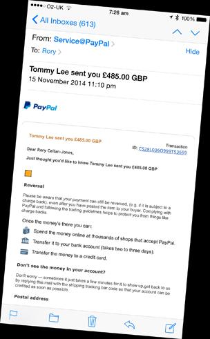 Fake eBay email sent to Rory by the scammer - headline reads "Tommy sent you £485.00 GBP