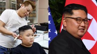 Gia Huy, 9, has a haircut in a North Korean leader Kim Jong-un style, alongside a photo of Kim Jong-un.