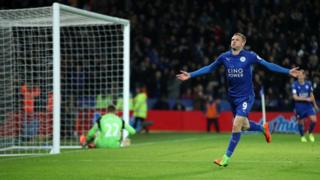Jamie Vardy celebrates scoring his sides third goal during the Premier League match at the King Power Stadium, Leicester