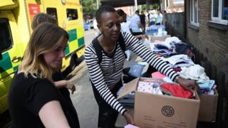 People sort through donations