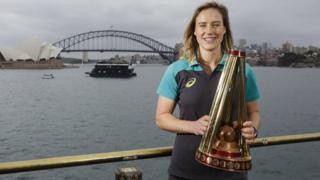 Australian Ellyse Perry with the new women's Ashes trophy