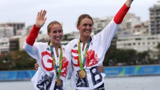 Helen Glover and Heather Stanning with gold medals