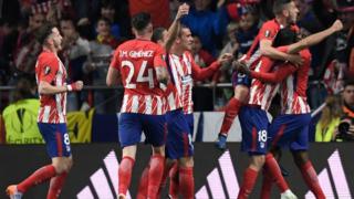 Atletico players celebrate the opening goal during the UEFA Europa League semi-final second leg football match between Club Atletico de Madrid and Arsenal FC at the Wanda Metropolitano stadium in Madrid on May 3, 2018