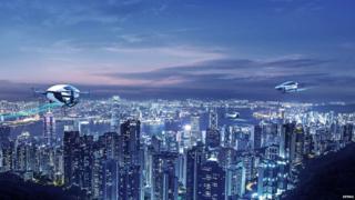 Flying cars above a city skyline