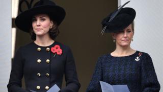 Duchess of Cambridge and Countess of Wessex watching from balcony