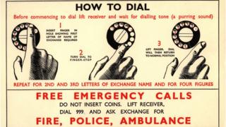 Advert showing how to dial 999 on an old phone.