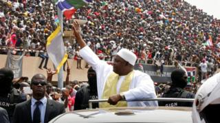 Gambian President Adama Barrow greets thousands of supporters at Independence Stadium