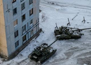 Tanks are seen in the government-held industrial town of Avdiivka, Ukraine, 1 February 2017.